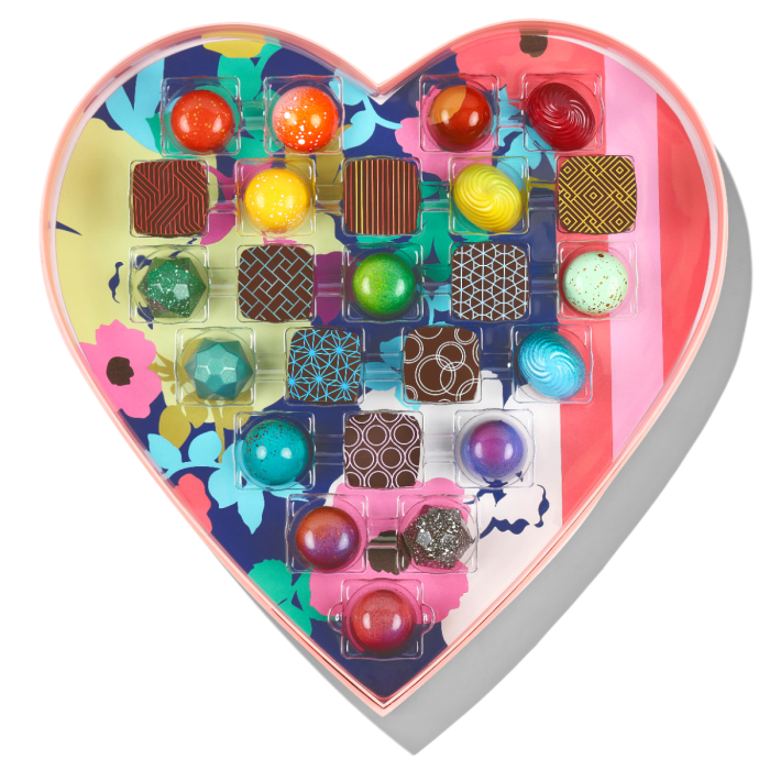 heart-shaped box filled with signature chocolate bonbons