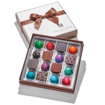 Signature 16 Piece Assortment of chocolate bonbons tied with brown ribbon