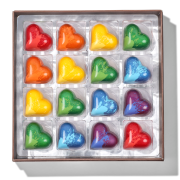 Pride Chocolate Collection with heart-shaped bonbons in rainbow paint jobs