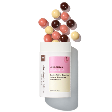 Neapolitan Malt Balls with dark chocolate, strawberry, and vanilla flavors